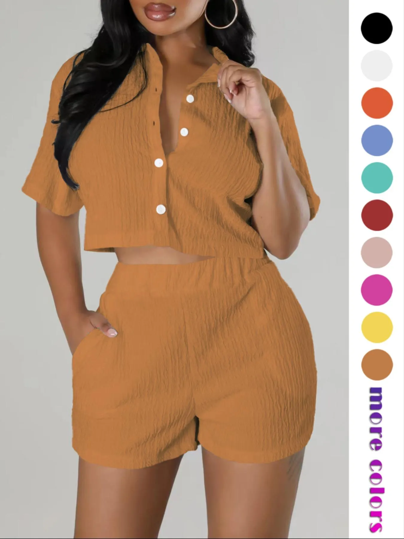 Two-piece Set Women's Textured Button Front Shirt & Elastic Waist Shorts Set, Chic Versatile Short Sleeve Collared Top & Pocket Design Shorts, Casual Style Two-piece Outfits for Women, Womenswear, Matching Clothing Set Two-piece Set Women's Textured Button Front Shirt & Elastic Waist Shorts Set, Chic Versatile Short Sleeve Collared Top & Pocket Design Shorts, Casual Style Two-piece Outfits for Women, Womenswear, Matching Clothing Set