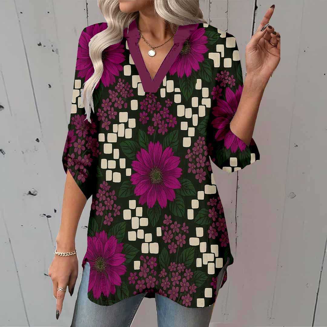 Women Polka Dots, Red, Black DZGA0399 3/4 Sleeve V-neck Printed Graphic Button Tops