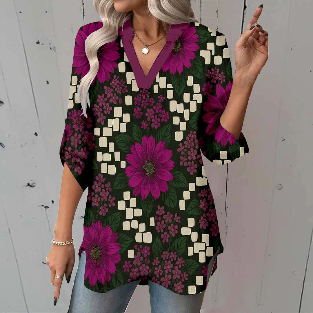 Women Polka Dots, Red, Black DZGA0399 3/4 Sleeve V-neck Printed Graphic Button Tops