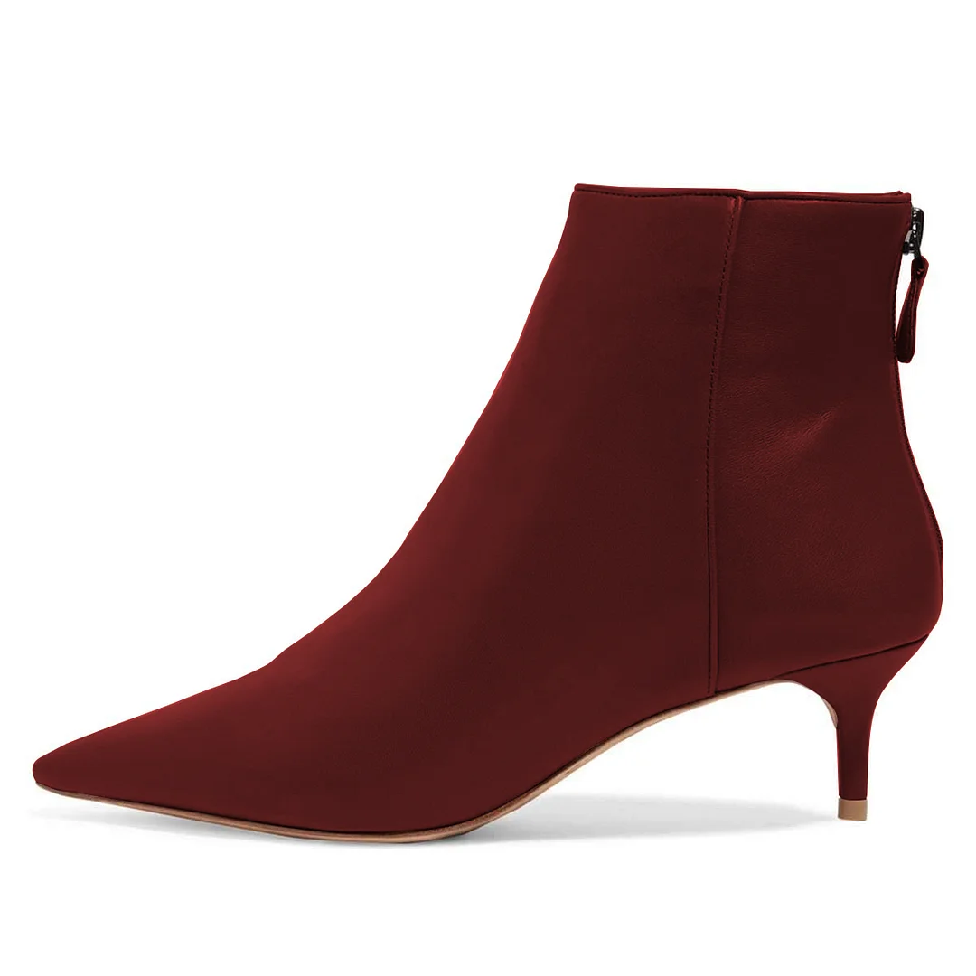 Maroon Vegan Leather Kitten Heel Back-Zip Closure Ankle Boots