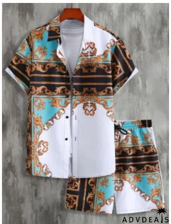 Men Casual Printed Loose Short-Sleeved Beach Shirt And Shorts Two-Piece Set