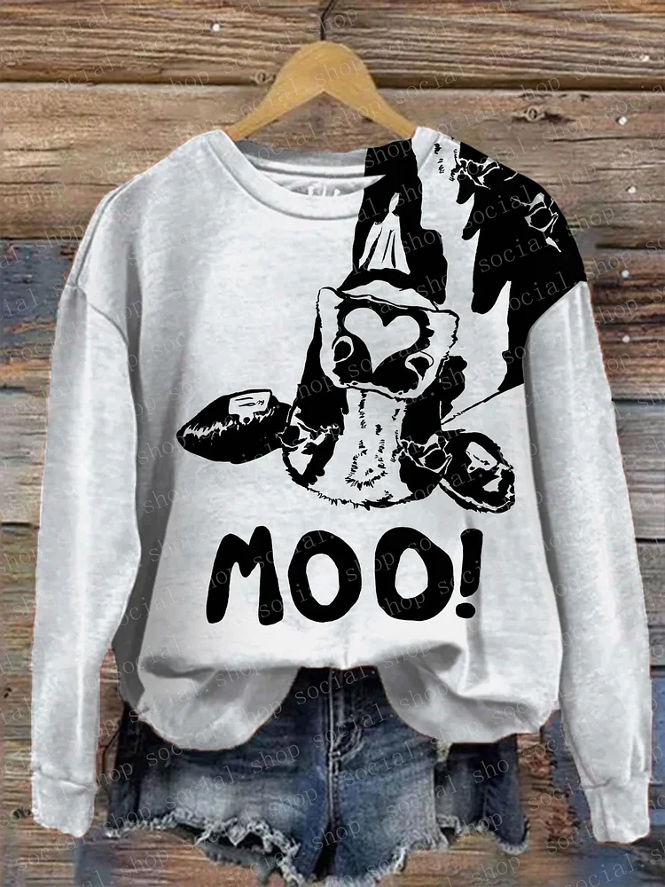 Women's Moo Cow Print Crew Neck Sweatshirt socialshop