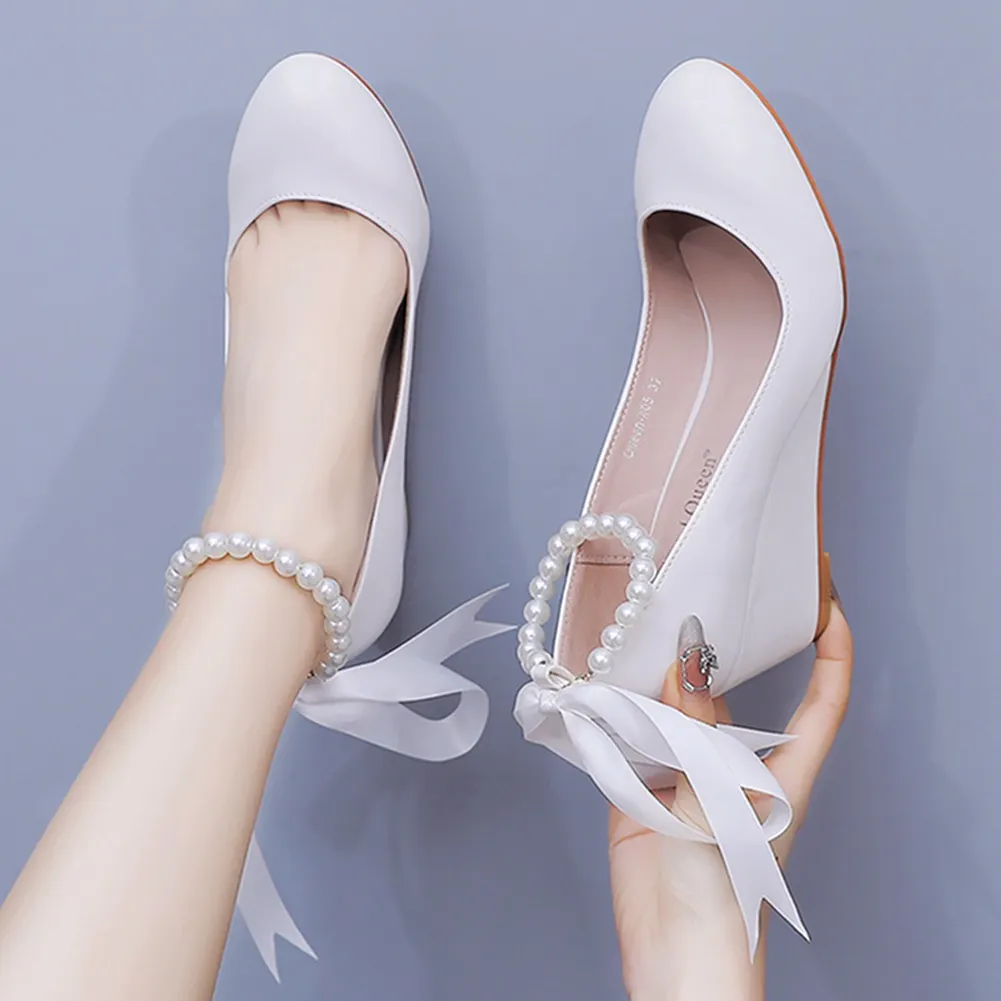 Breakj Breakj Cm White Beads Thick Bottom Heels Mary Jane's Shallow Mouth Single Shoe Ribbon Thin Wedding Dress High Heels