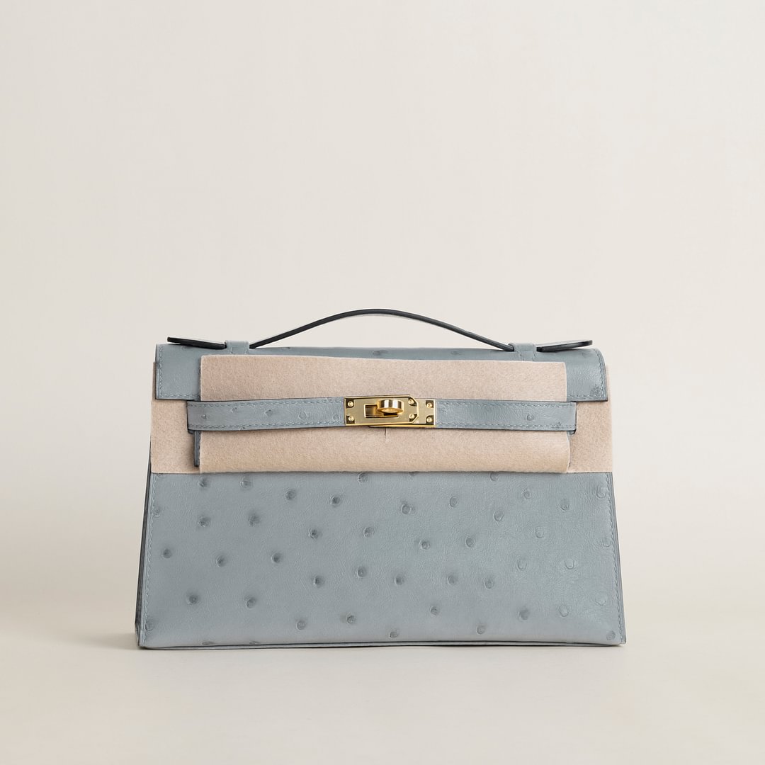 Kelly pochette Ostrich 8U Blue Glacier GHW