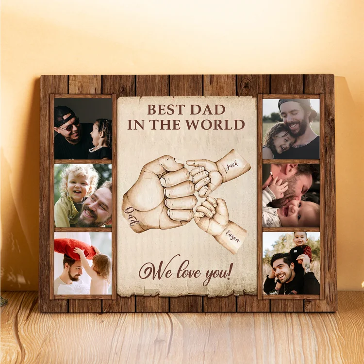 3 Names-Personalized Dad Family Fist Bump Frame Engaged 6 Photos Wooden Ornament Custom Texts Plaque Home Decoration for Father