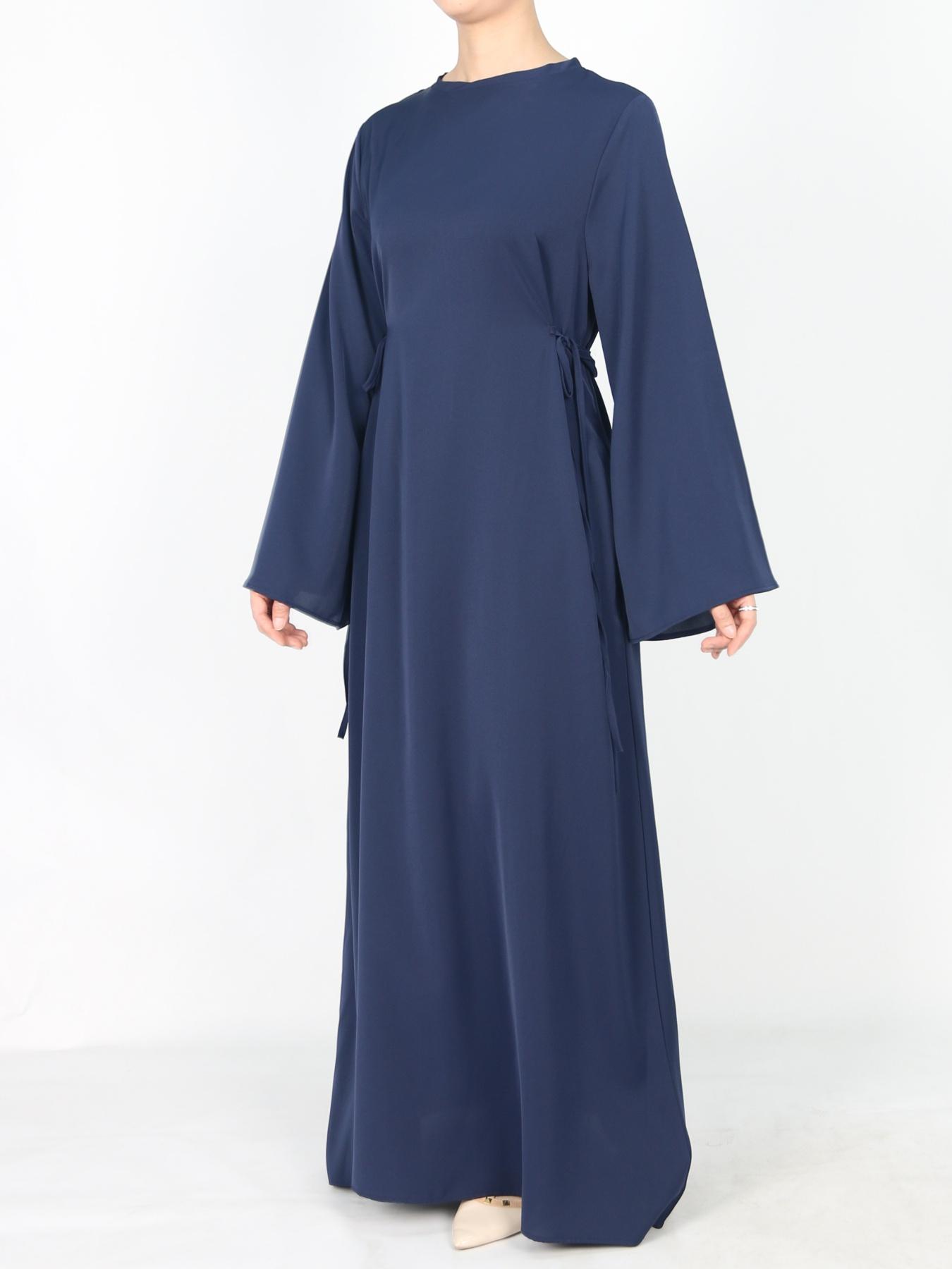 Women's Tie Side Zipper Back Dress, Elegant Long Sleeve Belted Abaya Dress for Daily Wear, Ladies Islamic Clothing for All Seasons, Round Neck Abayas