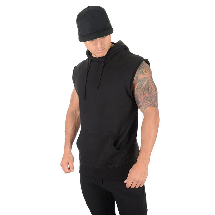 PASUXI Wholesale Summer Men's Fitness Running Thin Sleeveless Raw Edge Hoodie huanwei