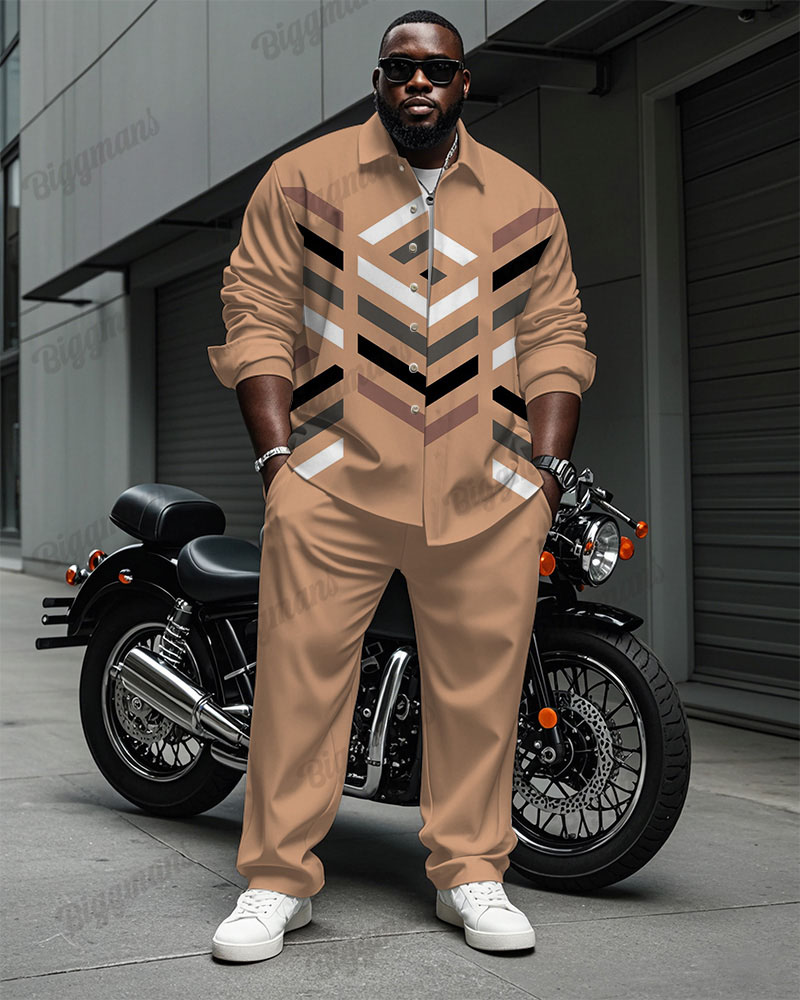 Men's Plus Size Orange Colorblock Stripe Print Long Sleeve Shirt Trousers Suit