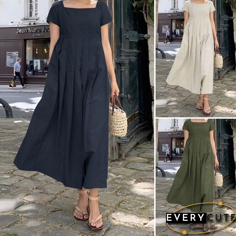 Square Collar Loose Short Sleeve Long Dress Summer Square Collar Solid Color Women Clothing