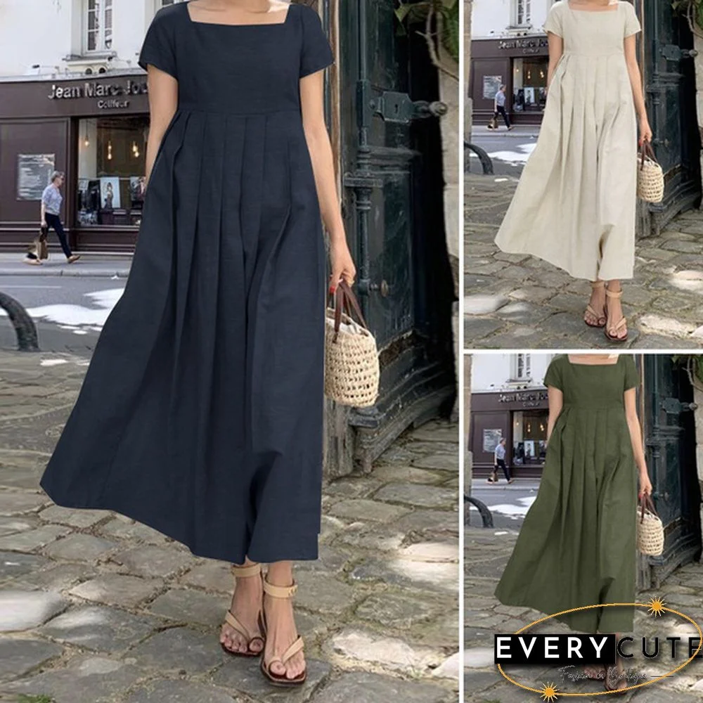 Square Collar Loose Short Sleeve Long Dress Summer Square Collar Solid Color Women Clothing