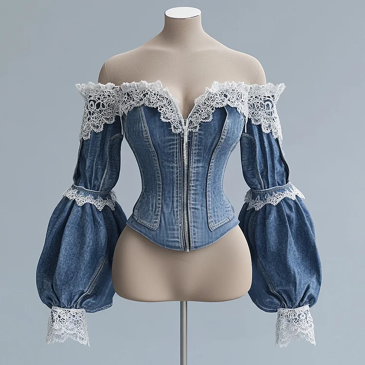 Ursime Denim Off Shoulder Lace Trim Puff Sleeve Zipper Blouse