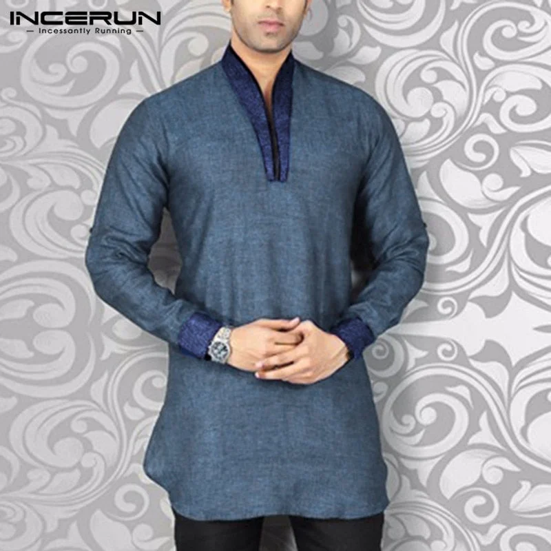 INCERUN Men Shirt Streetwear V Neck Long Sleeve Patchwork Fitness Vintage Casual Shirts Men Indian Clothes Plus Size 2022