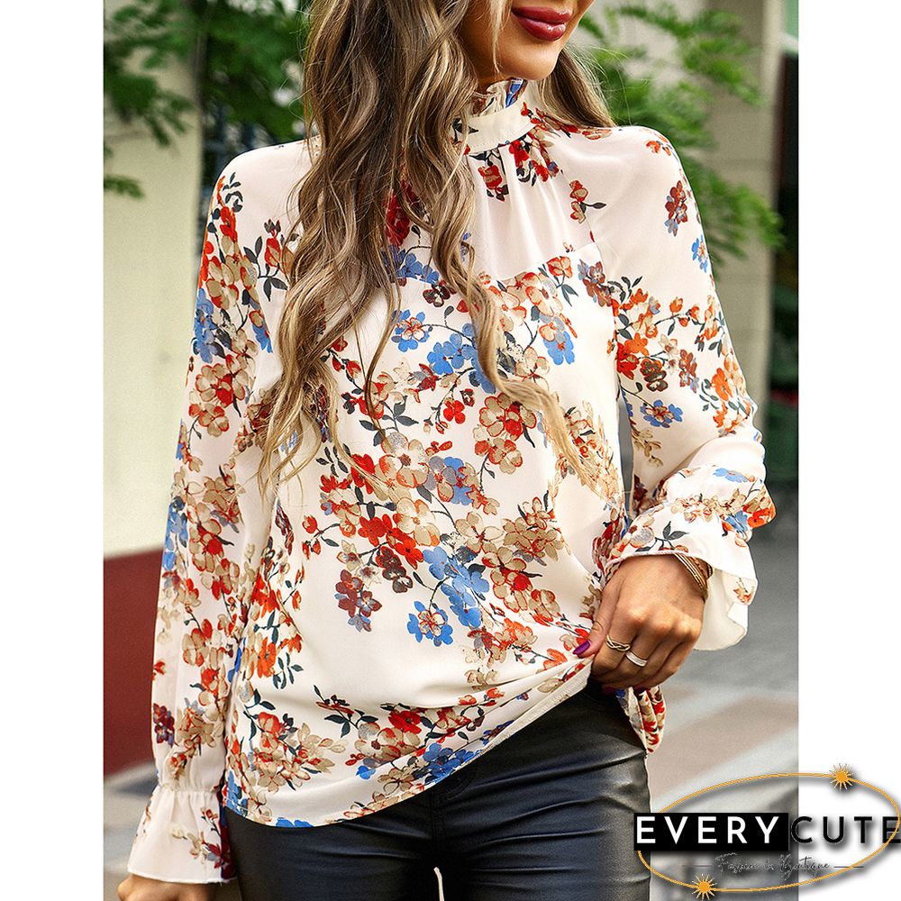 Apricot Floral Print Chiffon Long Sleeve Blouse