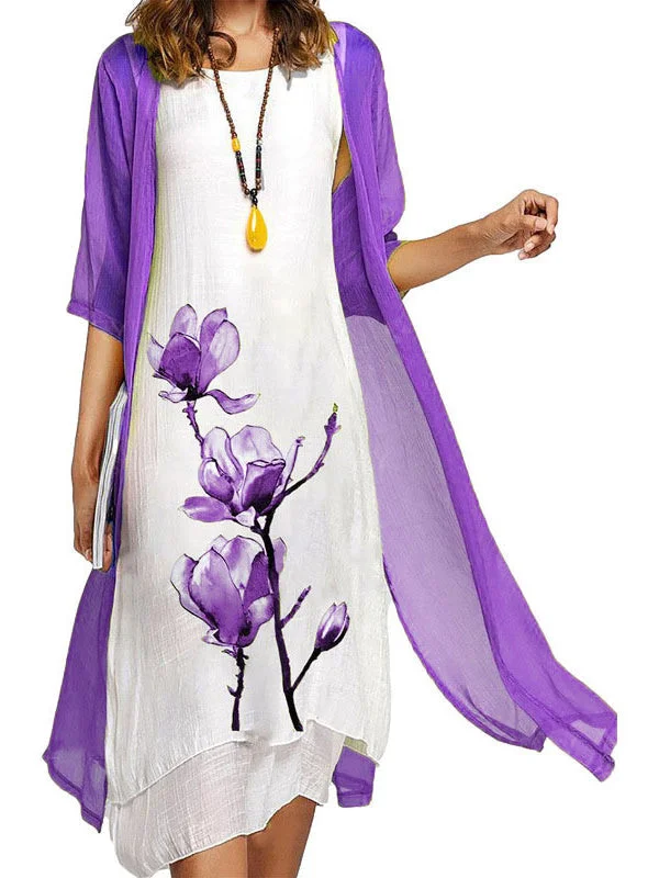 Women's Half Sleeve Scoop Neck Floral Printed Two-Piece Midi Dress