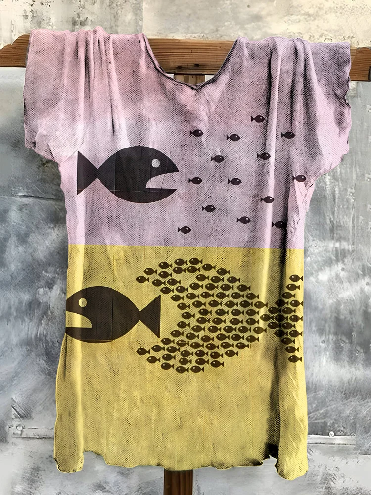 Men's Funny Geometric Fish Graphic Print Casual T-Shirt