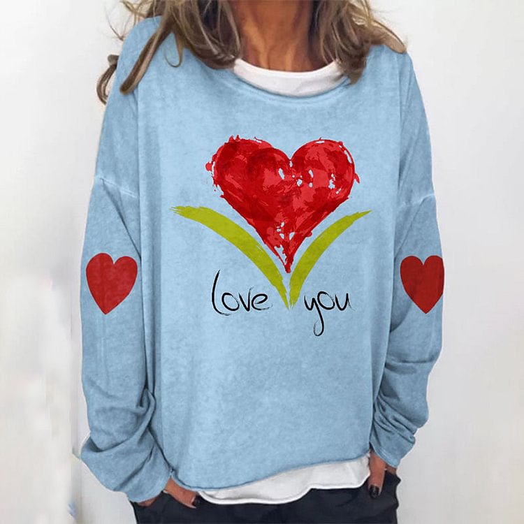 VChics Heart Print Long Sleeve Loose Sweatshirt