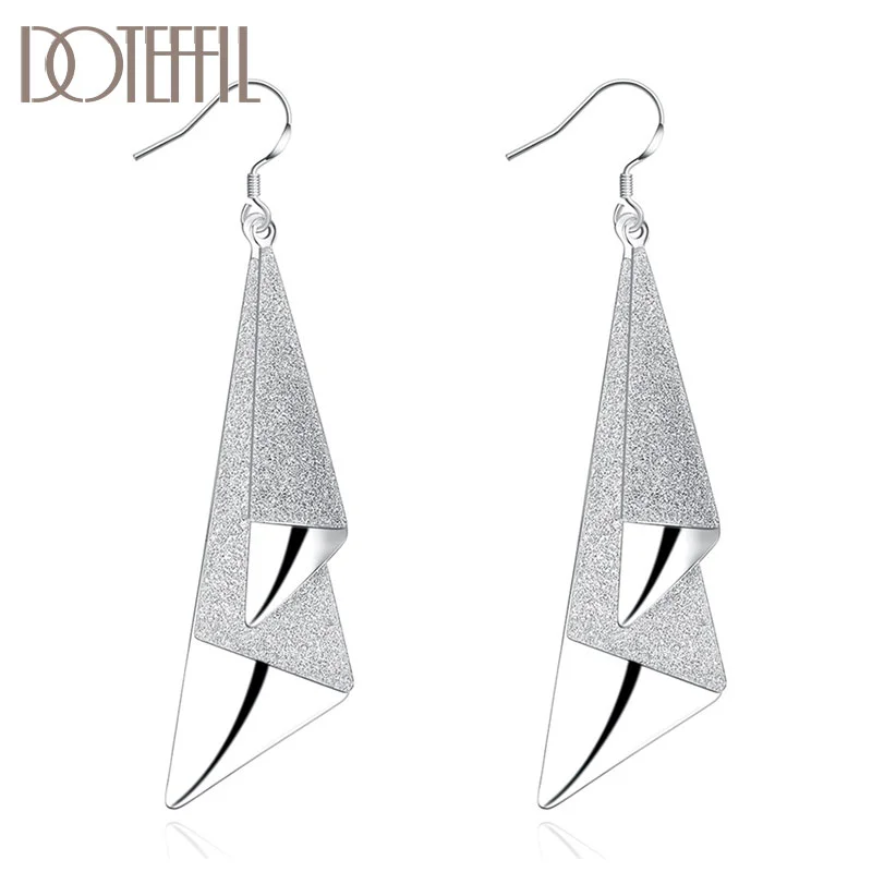 DOTEFFIL 925 Sterling Silver Frosted Long Geometric Drop Earrings Charm Women Jewelry 