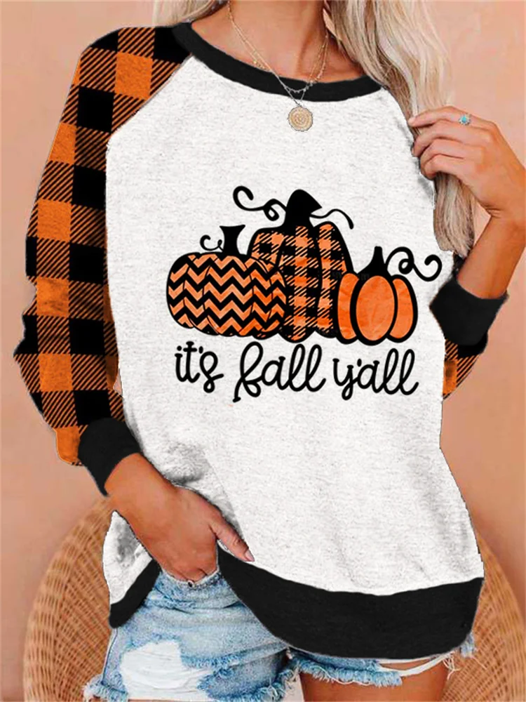 Vefave It's Fall Y'all Pumpkins Plaid Patchwork Sweatshirt