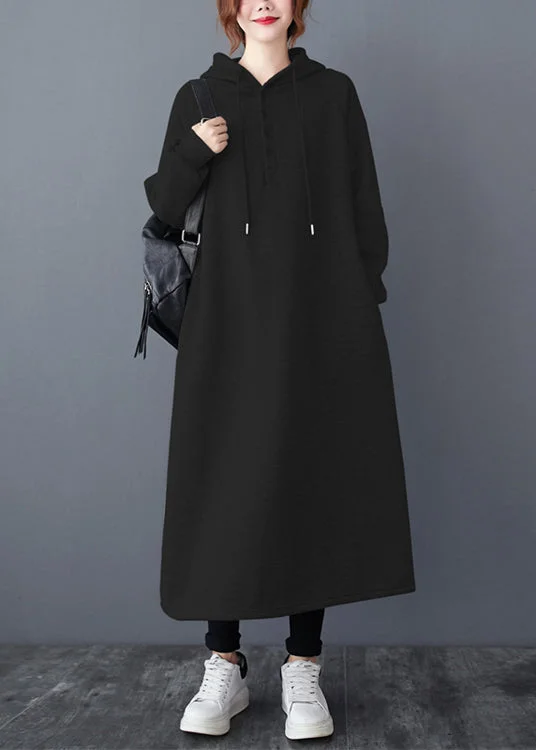 Casual Black Hooded Patchwork Warm Fleece Long Dresses Winter
