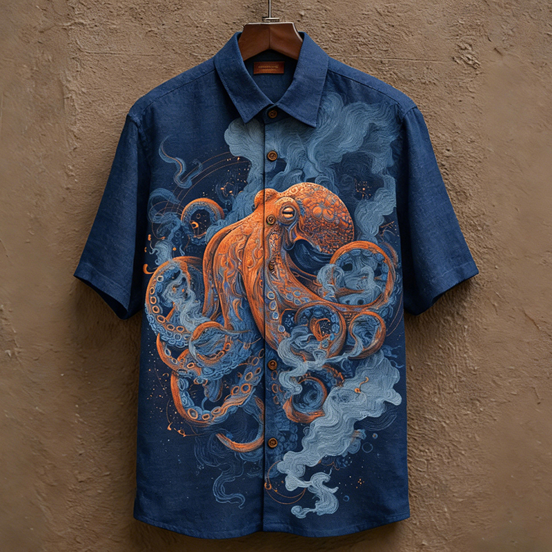 Men's Japanese Art Ocean Octopus Print Short-sleeve Shirt  artssus