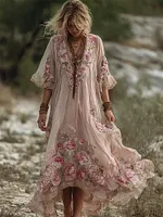 Boho Pink Roses Embroidered Flowy Linen Maxi Dress