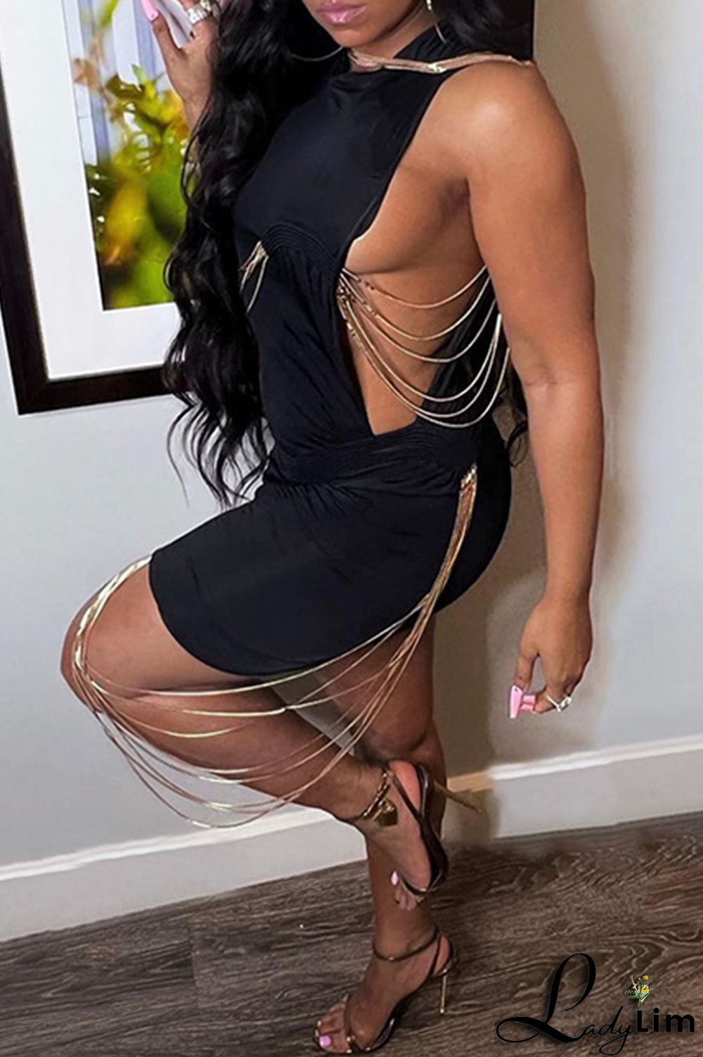 Black Casual Solid Chains O Neck Pencil Skirt Dresses