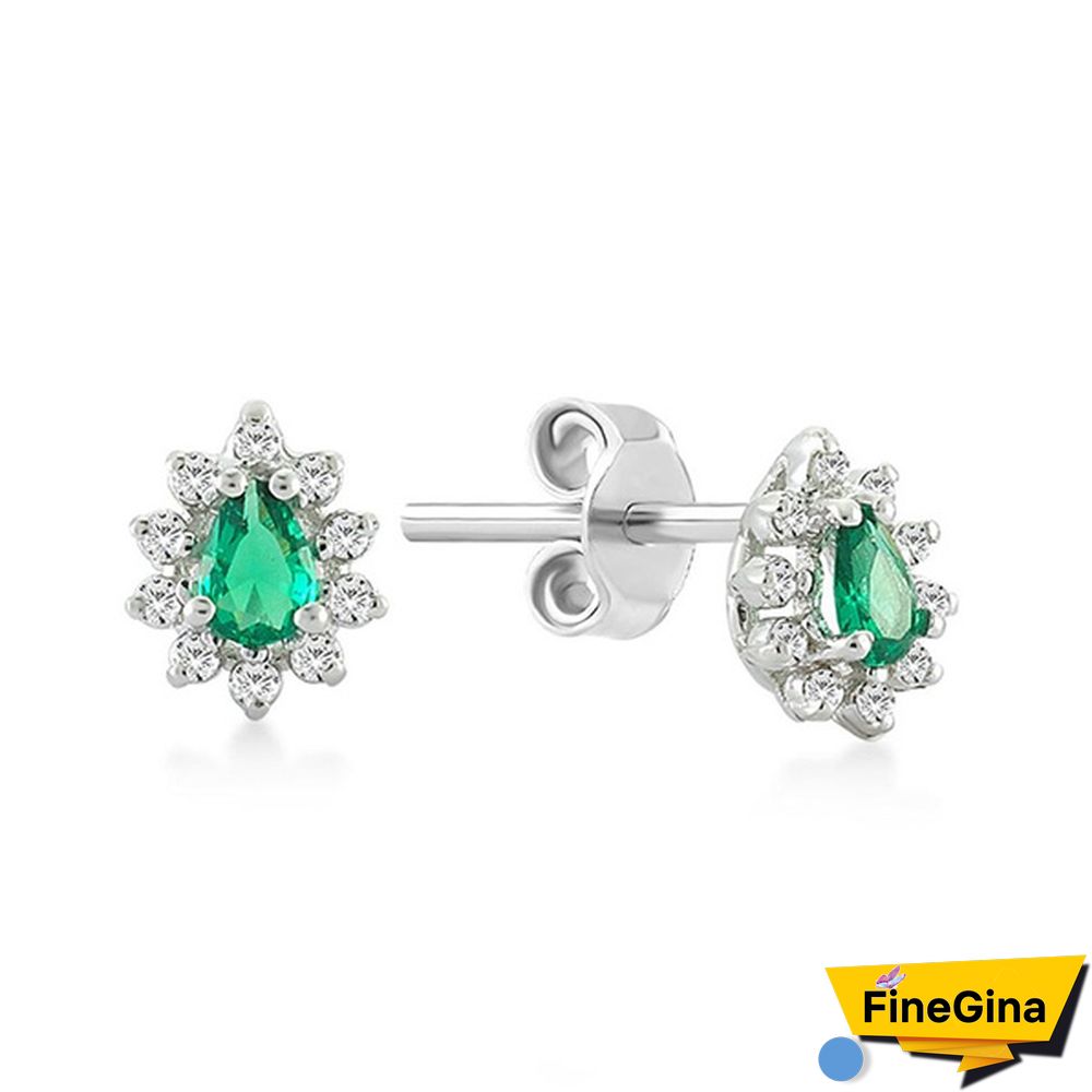 Small Emerald Stud Earrings In 14k Solid Gold with Genuine Diamond/Dainty Pave Diamond Drop Studs for Women/Wedding Jewelry