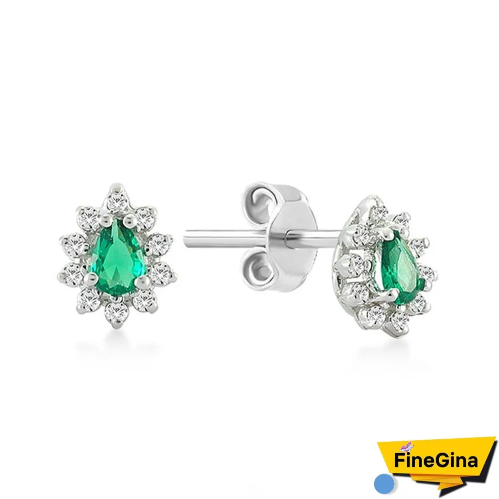 Small Emerald Stud Earrings In 14k Solid Gold with Genuine Diamond/Dainty Pave Diamond Drop Studs for Women/Wedding Jewelry