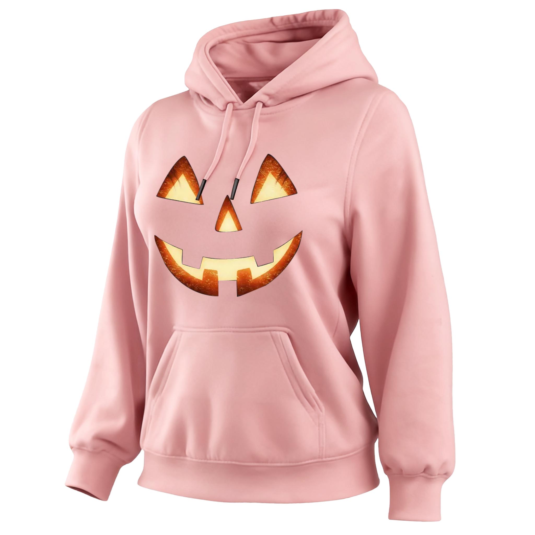 Women's Vintage Halloween Pumpkin Jack-O-Lantern Print Pocket Long-Sleeve Hoodie