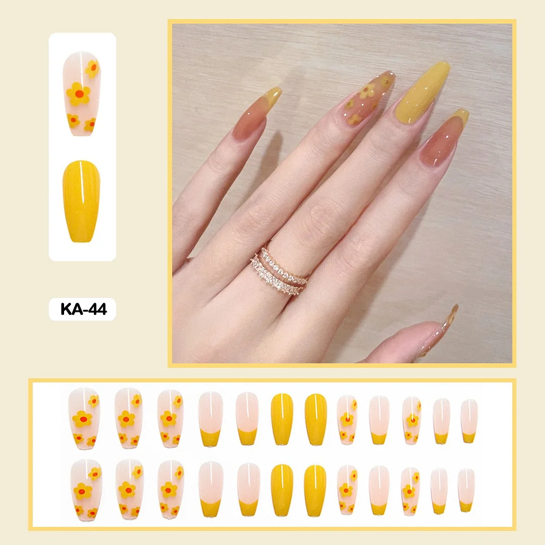 24pcs/box Lovely Cute Flower Fairy Style Fake Nails  Full Cover Nails Long Nail With Glue  Presson Nails Packaging Wearable Nail-Nail Inspo
