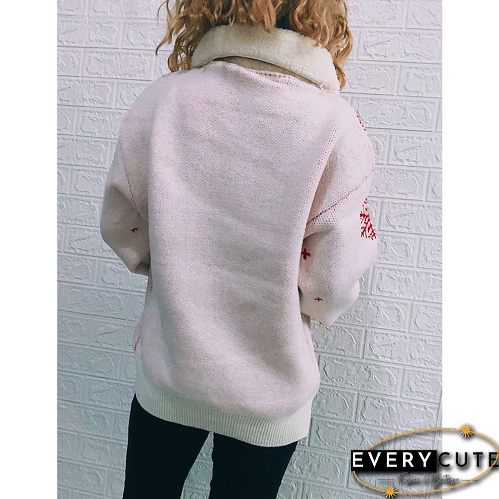 White Lapel Collar Deer Snoflake Print Christmas Sweater