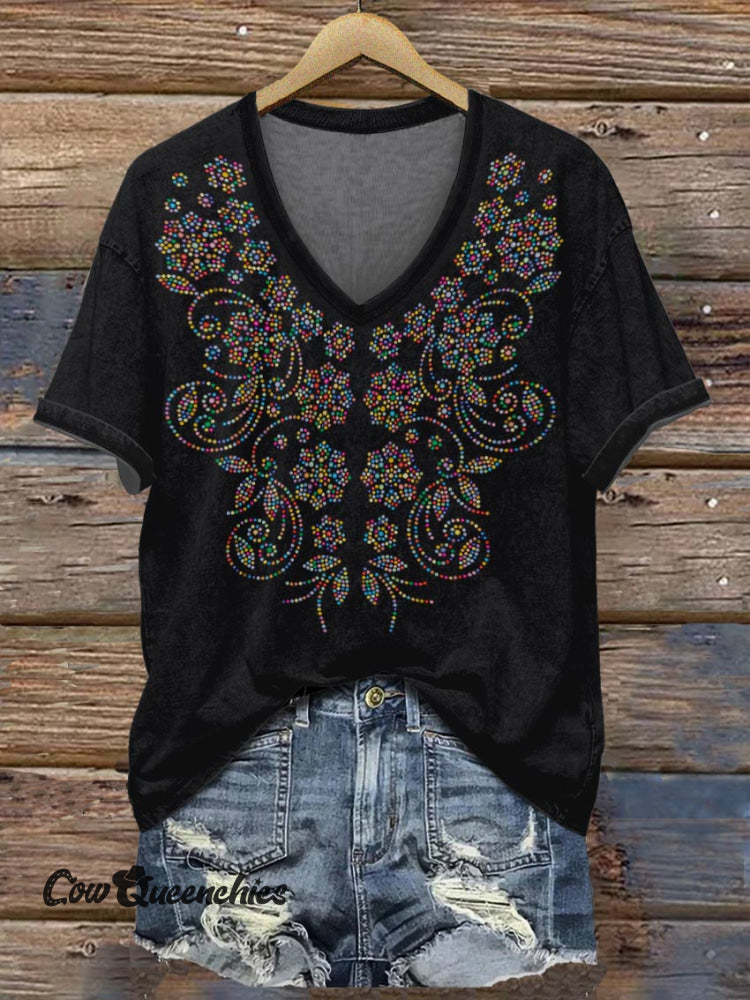 Women’s Flower Print V-Neck Casual T-Shirt Black / S