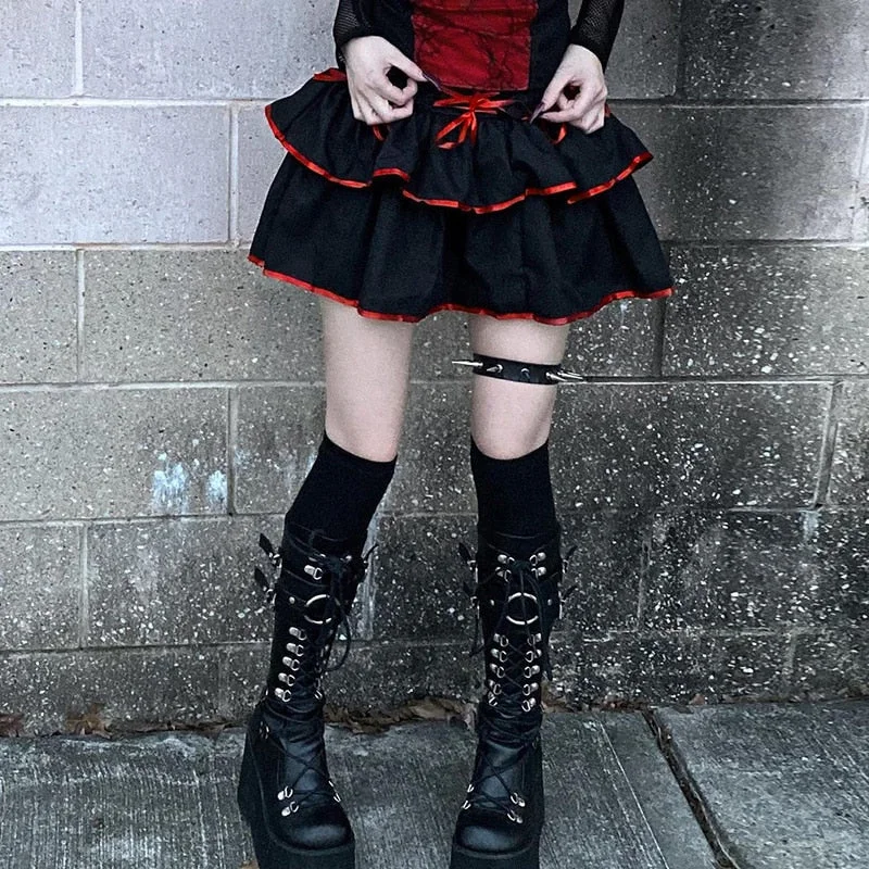 InsGoth Goth Punk Red Bandage Skirt Streetwear Sexy High Waist Mini Skirts Harajuku Black Patchwork A Line Skirts Gothic Clothes