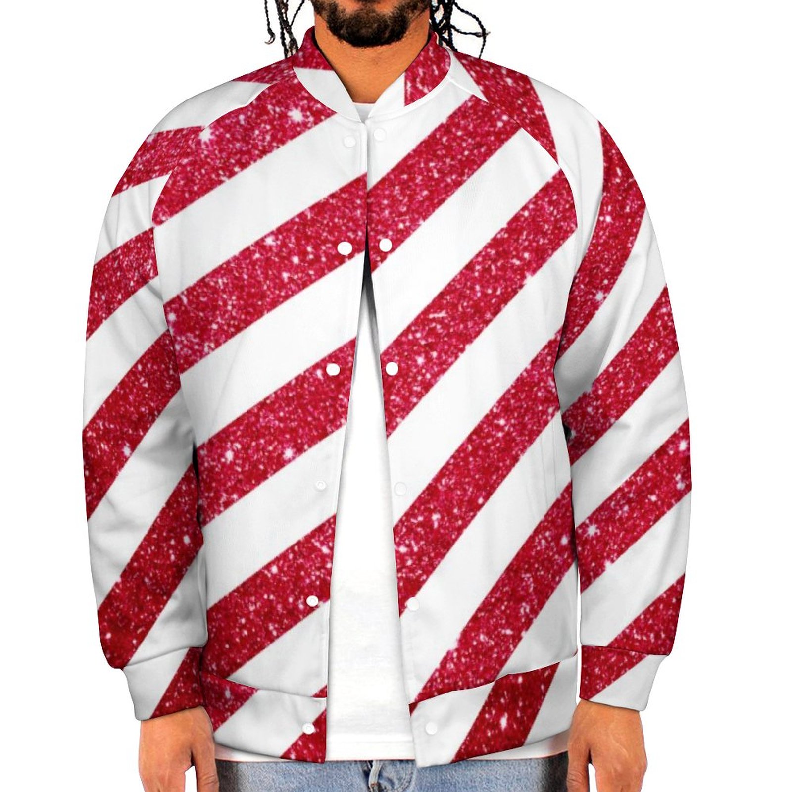 Cute Christmas Candy Cane Glitter Stripped Pattern Sweatshirt Jacket Mens Lightweight Button Up Bomber Jacket Outwear 2XS-6XL