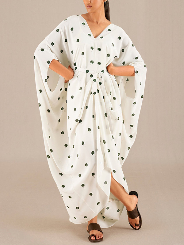Bat Wing Long Sleeve Printed Ruched Maxi Dress
