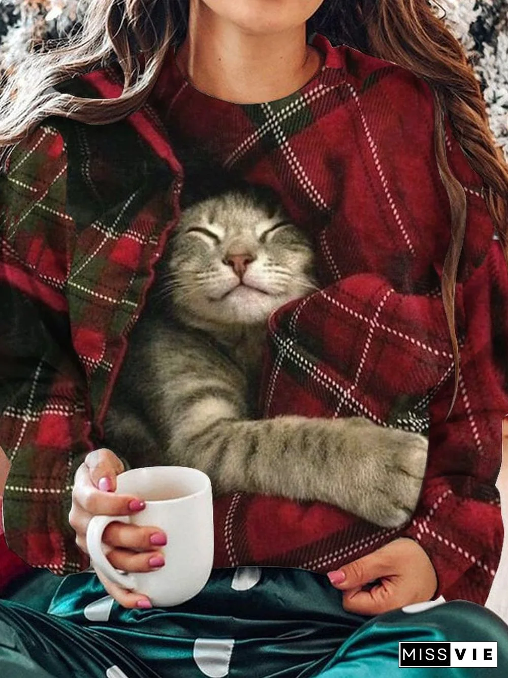 Women's Christmas Cat Print Sweatshirt