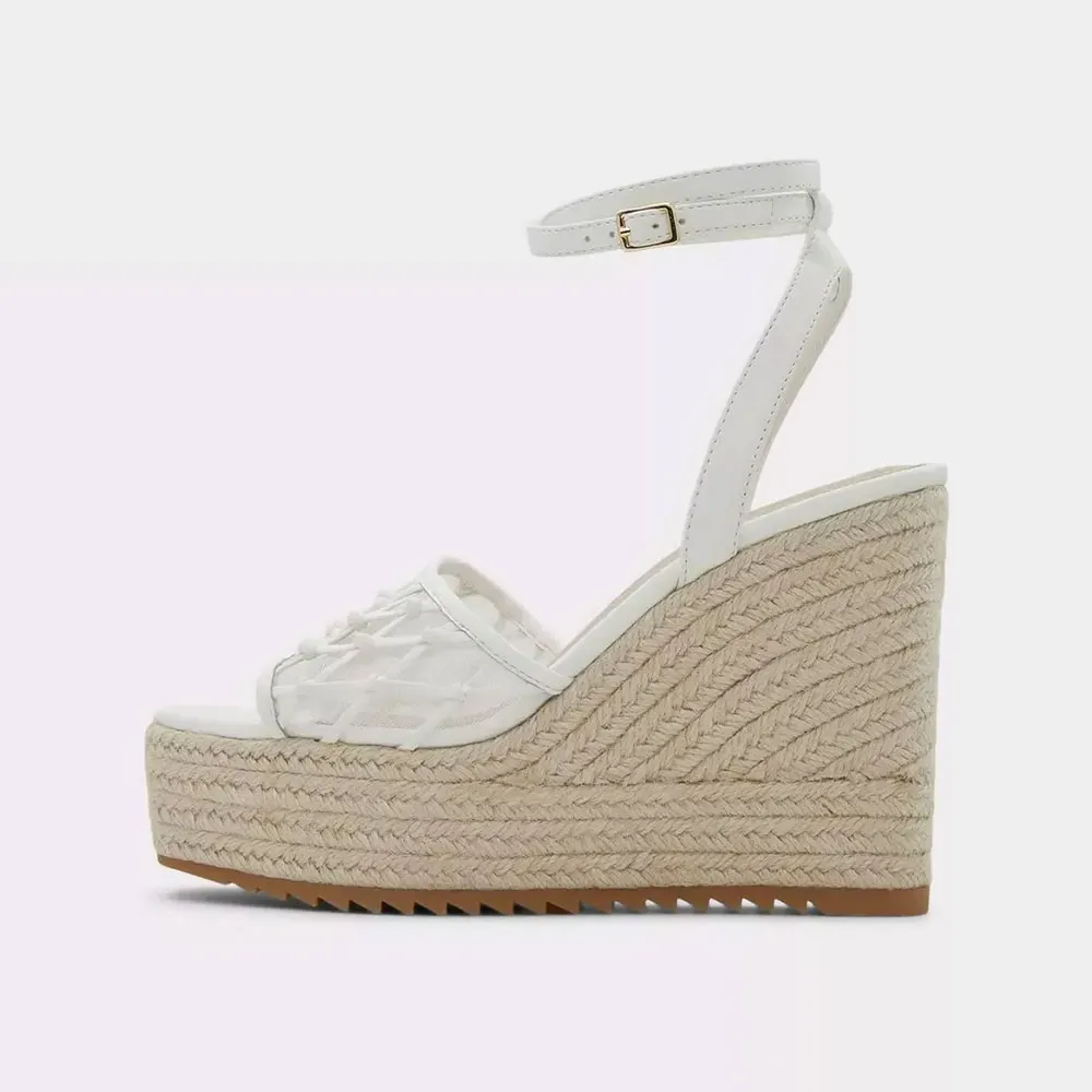 White Fishnet Open Toe Platform Espadrille Wedge Sandals for Women