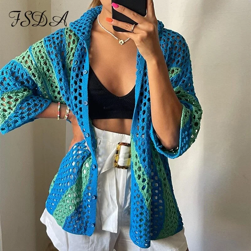 FSDA 2021 Women Blue Stripe Loose Long Sleeve Cardigan Autumn Oversized Casual Beach Sexy Knitted Sweater Fashion