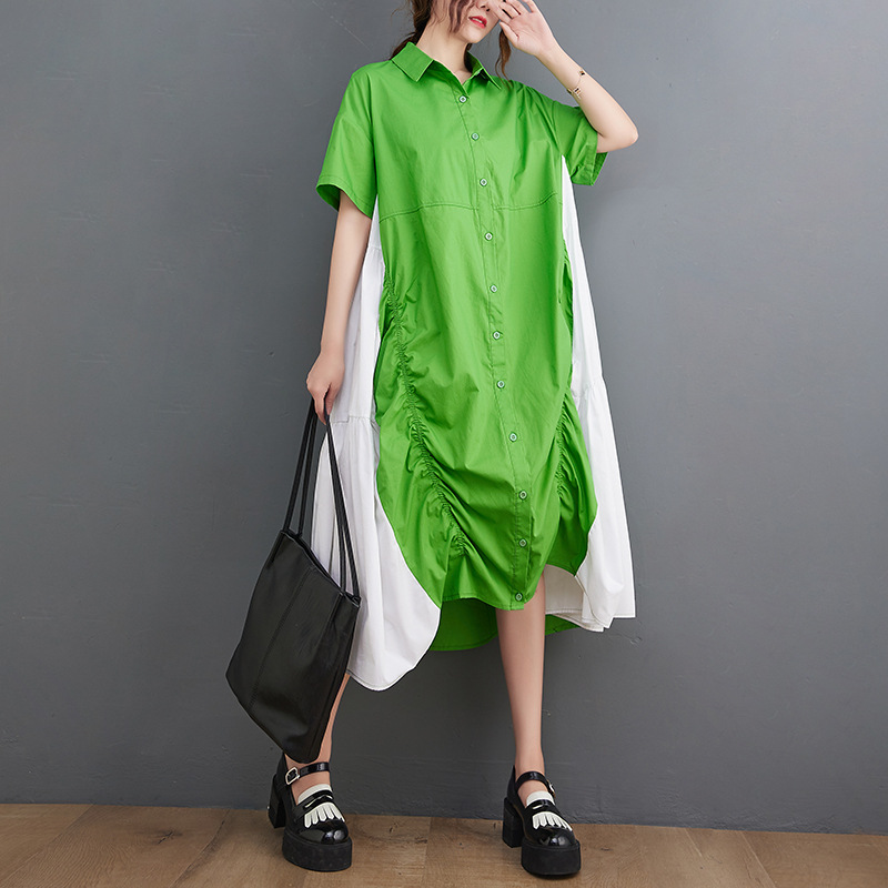 Loose Contrast Panel Single-Breasted Shirt Midi Dress