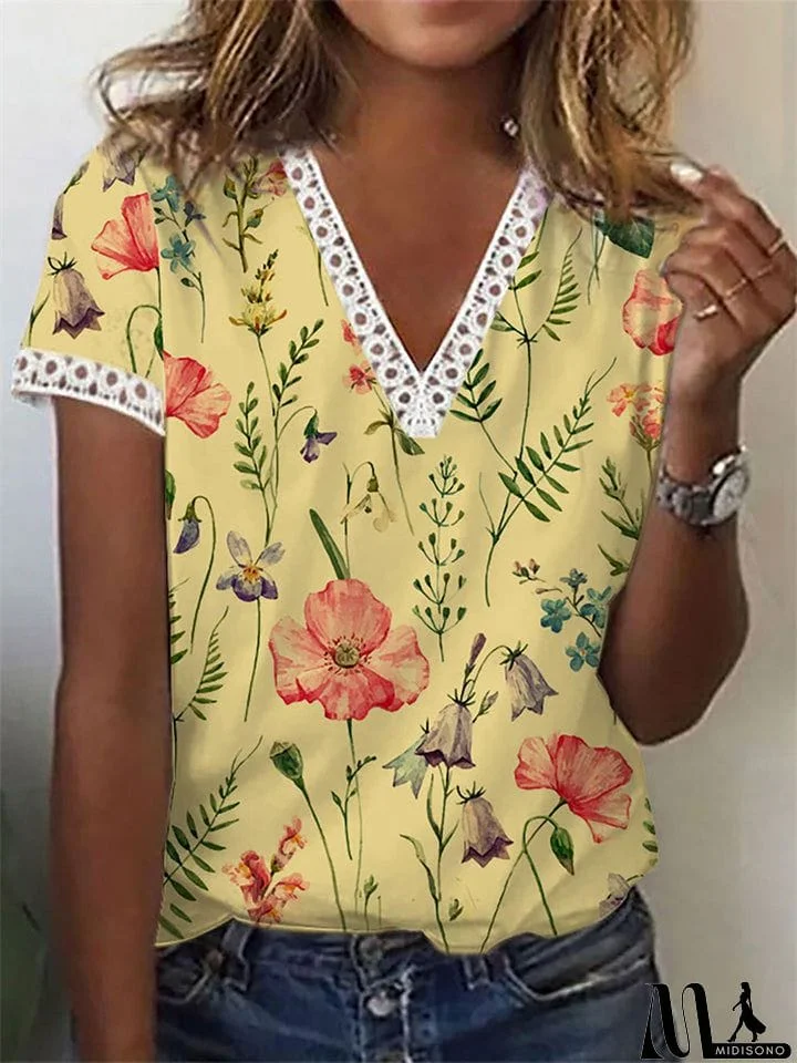 MidiSono - Ladies Fashion V-neck Lace Trim Floral Print Summer T-shirt