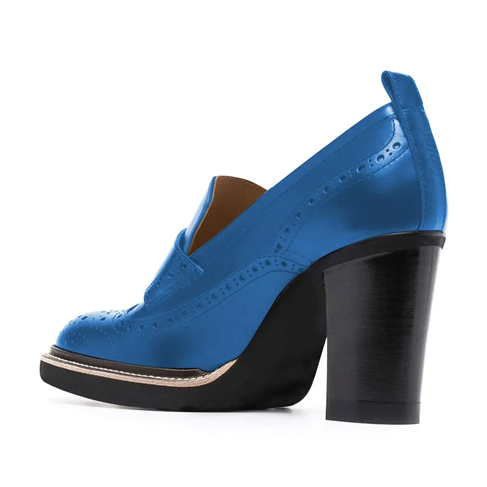 YDN Blue Round Toe Perforated Chunky Heel Loafer Shoes Women