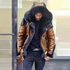 Men's Thick Leather Motorcycle Fur Hood Jacket Coat