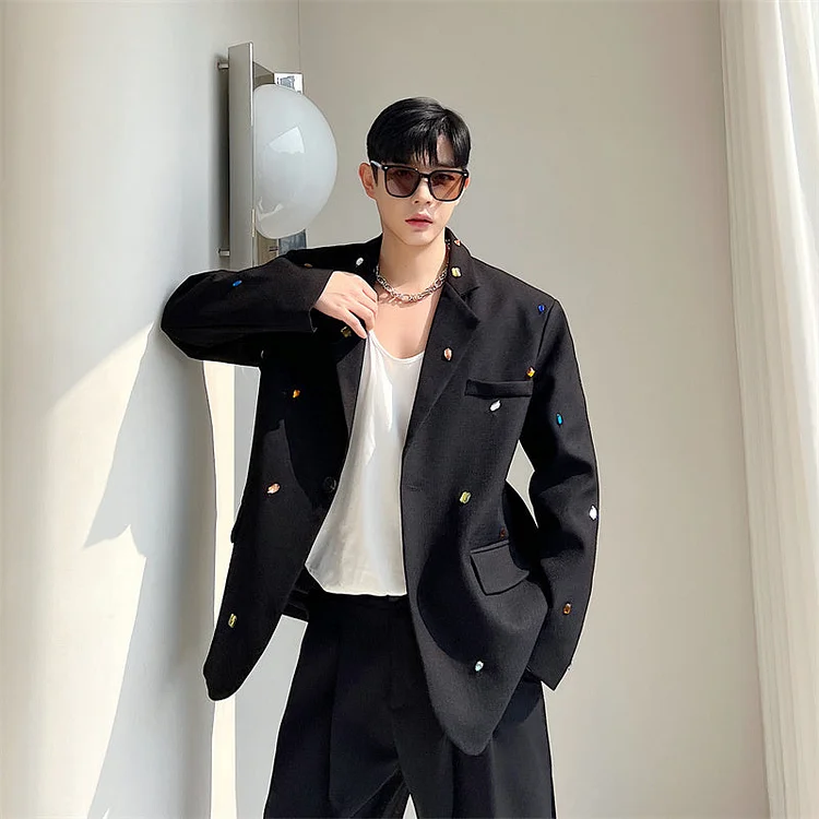 Korean Version Of Meteor Illusion Hand-ordered Diamond Micro-silhouette Drop Shoulder Early Spring Small Fragrant Blazer Suits-dark style-men's clothing-halloween