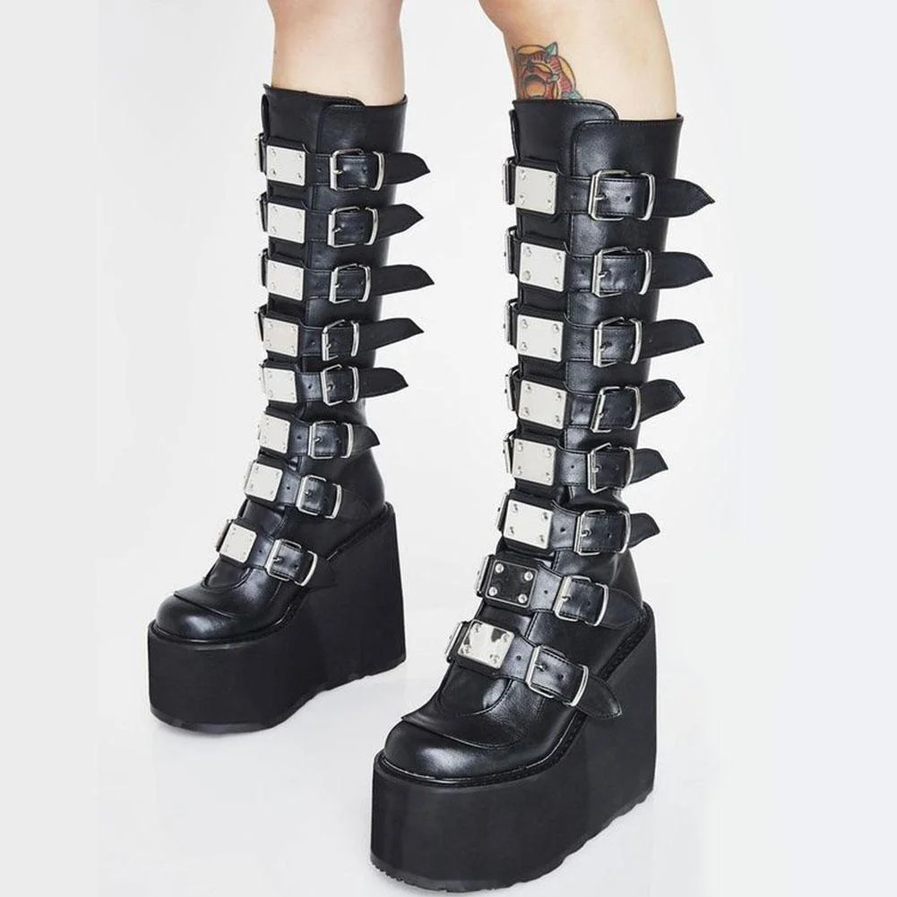 Brand Design Big Size 43 Black Gothic Style Cool Punk Motorcycles Boots Female Platform Wedges High Heels Calf Boots Women Shoes 1103-1