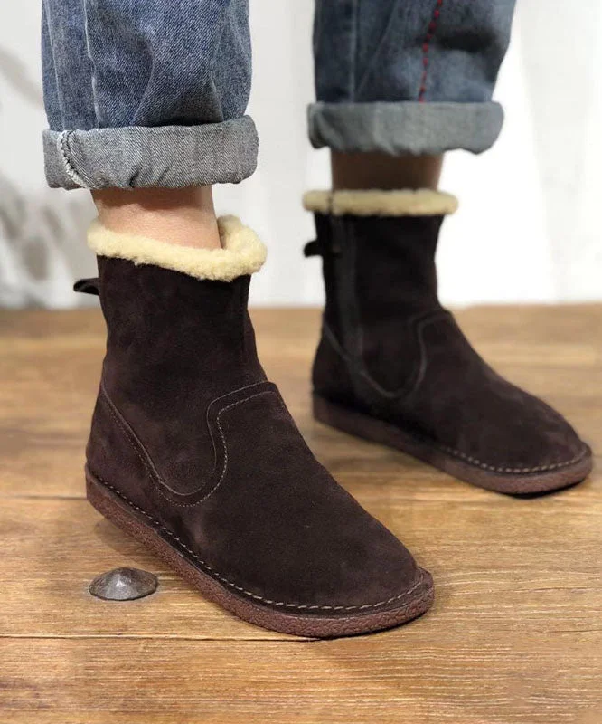Soft Coffee Cowhide Leather Boots Fuzzy Wool Lined Ankle Boots