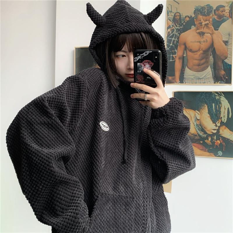 WAFFLE ZIPPER HOODIE WITH HORNS