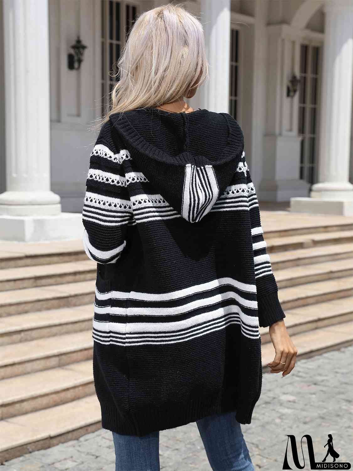 MidiSono - Striped Open Front Hooded Cardigan