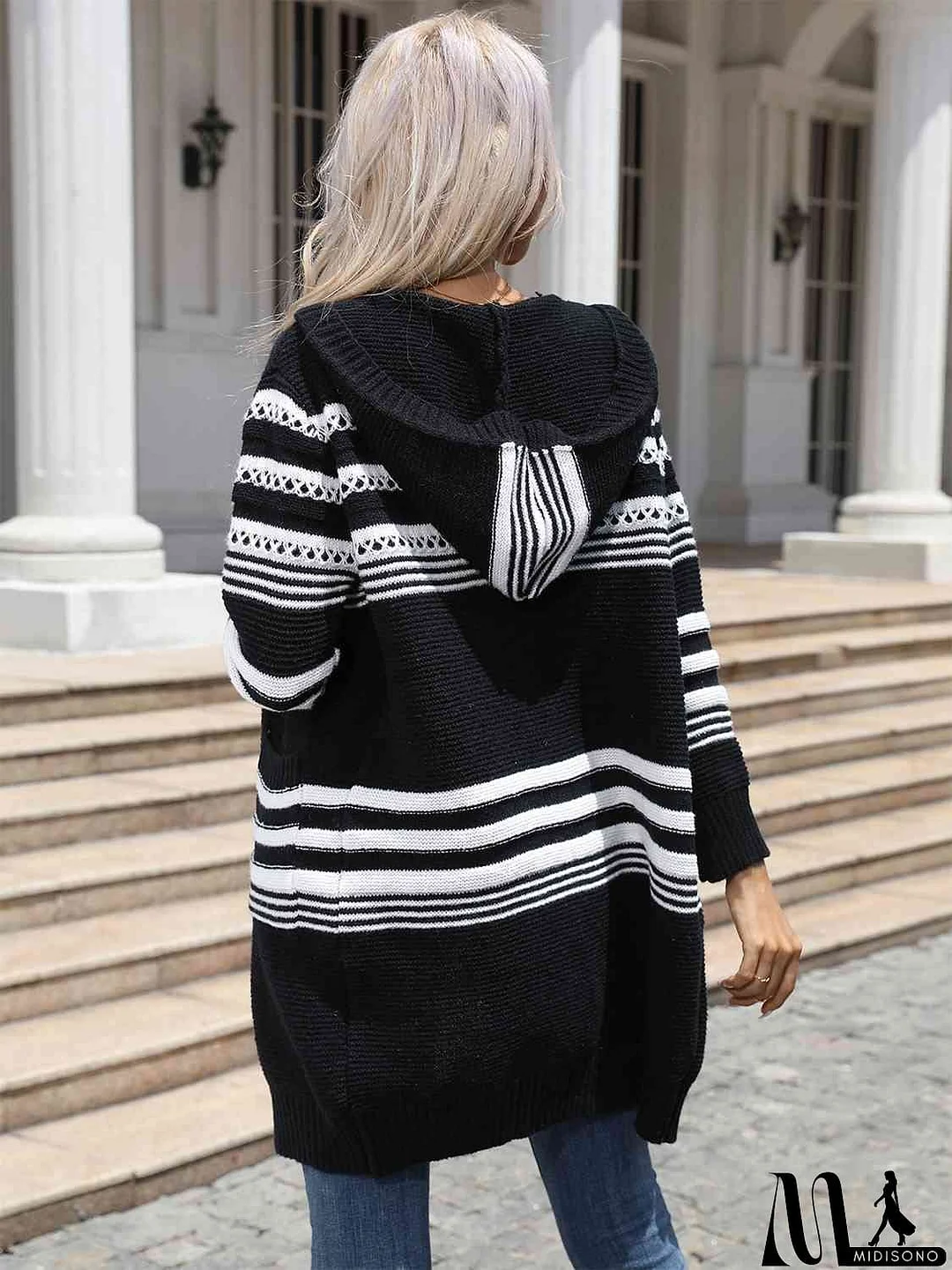 MidiSono - Striped Open Front Hooded Cardigan
