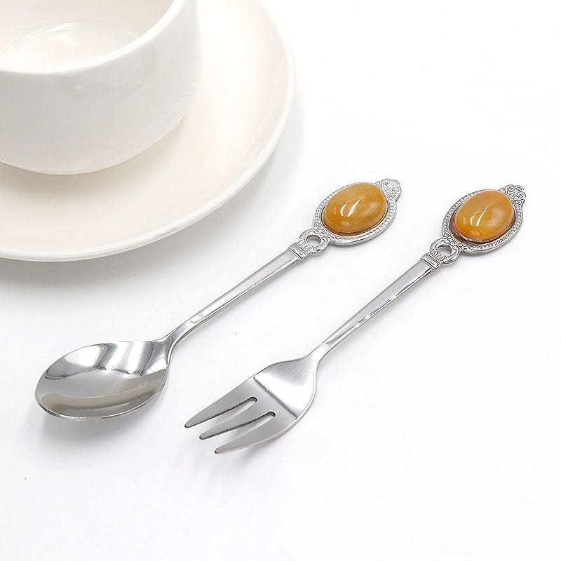 Retro Solid Color Stainless Steel Natural Stone Spoon