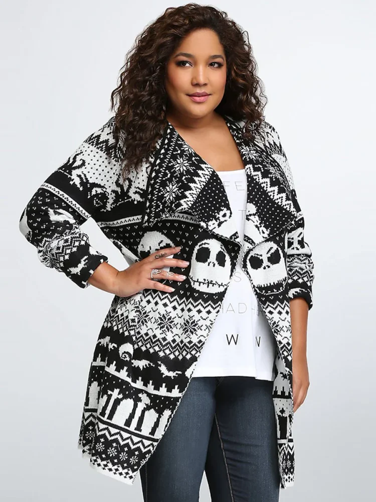 SKULL HEAD PRINTED LONG SLEEVE LAPEL KNIT CARDIGAN